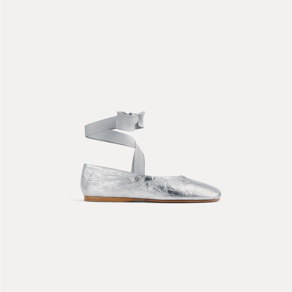 Forte Forte Silver Craquele Leather Ankle-Tie Ballet Flat in Silver Sz 37 NWB